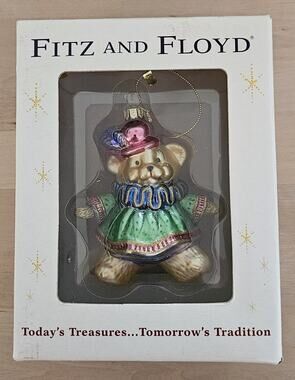 Vintage Fitz & Floyd Christmas Court BOY Teddy Bear Blown Glass Ornament Genuine